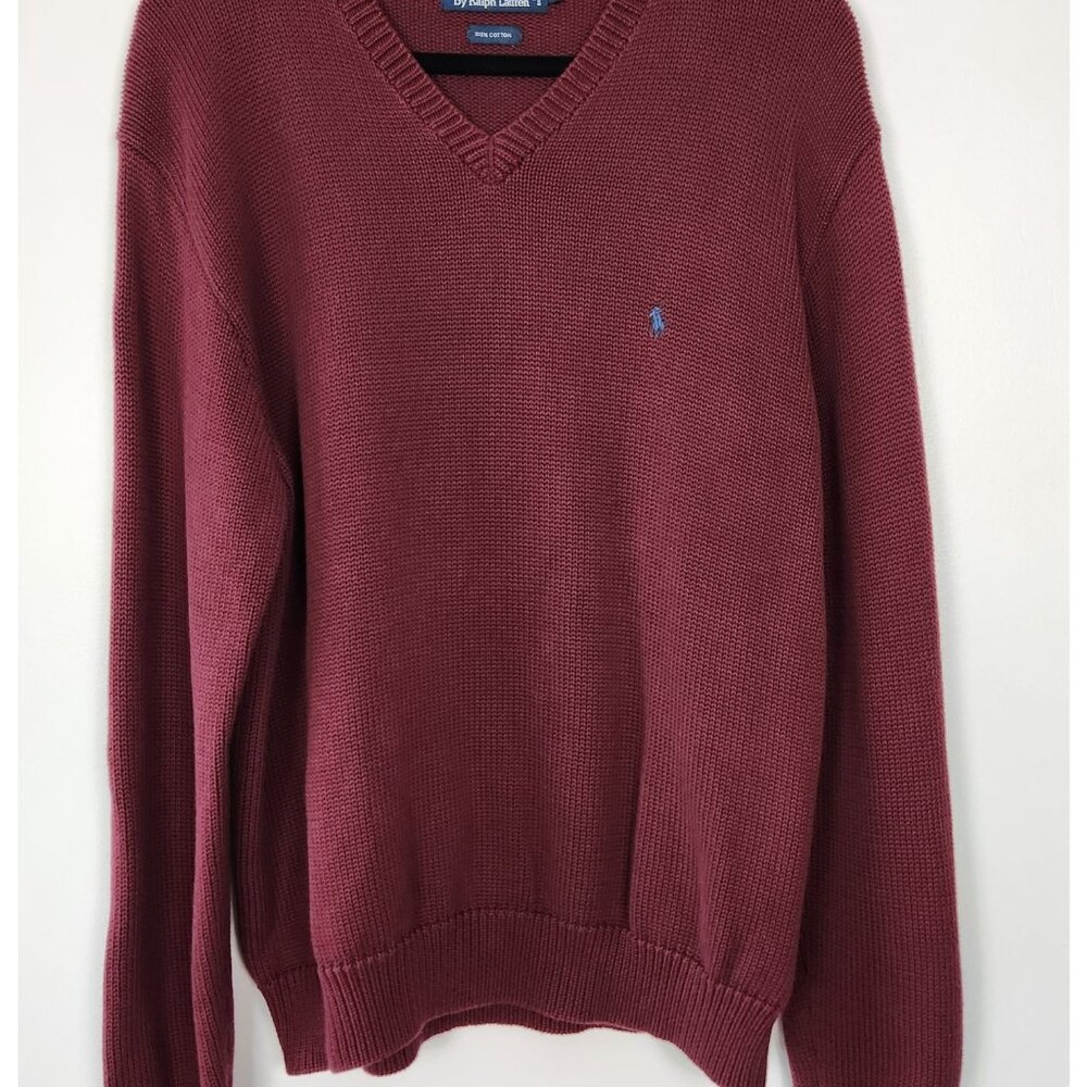 Polo Ralph Lauren Men's Burgundy XL 100% Cotton V Neck Sweater, Preppy, Classic